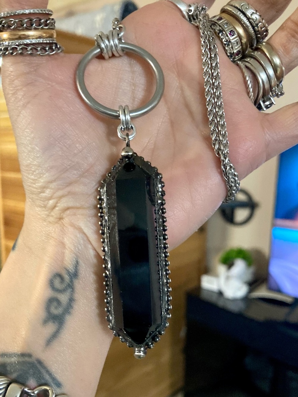 Black smoky crystal quartz boho goth long stainless steel chain necklace - Picture 12 of 13